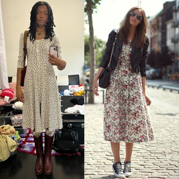 Vintage 90s cream floral rose grunge button up midi fit and flare dress medium - Picture 5 of 6